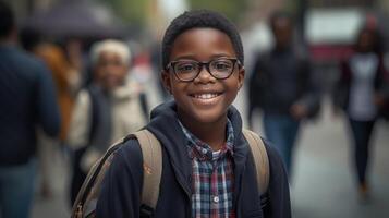 Garoto ir para escola. estudante retrato às rua. generativo ai foto