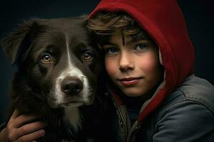 Garoto e cachorro retrato. animal Cuidado. pessoas emoções. generativo ai foto