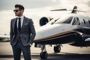 homem de negocios dentro terno carrinhos Próximo para privado avião. generativo ai foto