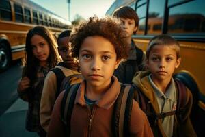 multirracial colegas de classe perto amarelo escola ônibus. costas para escola. generativo ai foto