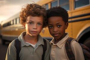 multirracial colegas de classe perto amarelo escola ônibus. costas para escola. generativo ai foto