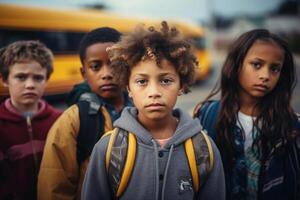 multirracial colegas de classe perto amarelo escola ônibus. costas para escola. generativo ai foto