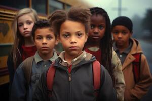 multirracial colegas de classe perto amarelo escola ônibus. costas para escola. generativo ai foto