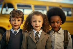 multirracial colegas de classe perto amarelo escola ônibus. costas para escola. generativo ai foto