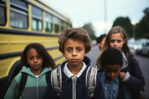 multirracial colegas de classe perto amarelo escola ônibus. costas para escola. generativo ai foto