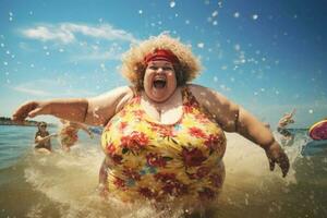 mais Tamanho mulher relaxante em de praia. obesidade conceito. generativo ai foto