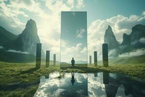homem silhueta em pé dentro montanha panorama com espelho portal. generativo ai foto