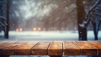 esvaziar de madeira mesa dentro frente do inverno panorama borrado background.ai gerado foto