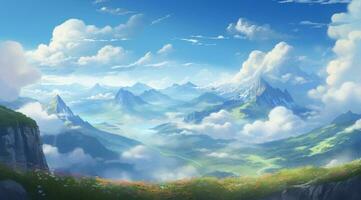 verão azul céu e fantasia nuvem em a topo do uma montanha background.ai gerado foto