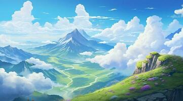 verão azul céu e fantasia nuvem em a topo do uma montanha background.ai gerado foto