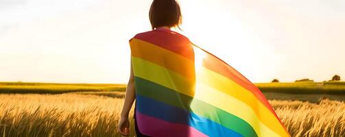 menina embrulhado dentro orgulho bandeira. conceito do lgbt orgulho. ai gerado foto