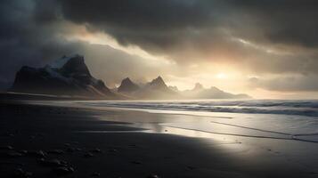 pôr do sol em a de praia do Islândia generativo ai, ai gerado foto