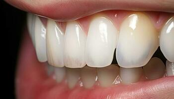brilhante, brilhante dentes e uma cheio de dentes sorrir mostrar dental saúde gerado de ai foto