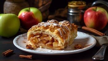 recentemente cozido maçã torta em rústico madeira gerado de ai foto