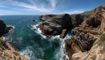 majestoso litoral, erodido pedra, falhando ondas, beleza gerado de ai foto