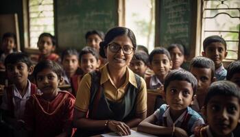 sorridente escola crianças estudando dentro Sala de aula juntos gerado de ai foto