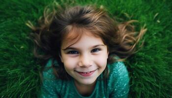 sorridente criança jogando dentro verde Prado ao ar livre gerado de ai foto