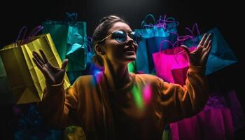 jovem adultos sorridente, segurando compras bolsas, desfrutando inverno gerado de ai foto