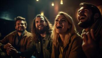 jovem adultos sorridente, desfrutando vida noturna, vínculo juntos gerado de ai foto