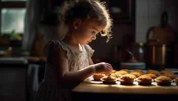 fofa menina cozimento caseiro chocolate bolos dentro de casa alegremente gerado de ai foto