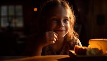 fofa menina sorridente, desfrutando lanche às casa gerado de ai foto