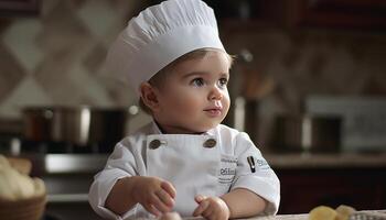 fofa caucasiano criança pequena Garoto cozinhando dentro doméstico cozinha gerado de ai foto