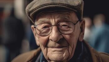 sorridente Senior homem com cinzento cabelo ao ar livre gerado de ai foto