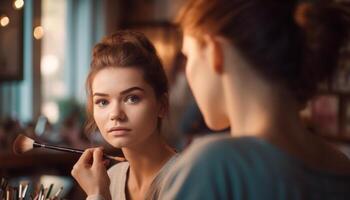 dois jovem mulheres aplicando beleza produtos dentro de casa gerado de ai foto