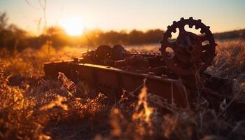 oxidado maquinaria dentro velho Fazenda campo pôr do sol gerado de ai foto