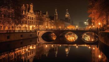 iluminado ponte reflete cidade Horizonte às crepúsculo gerado de ai foto