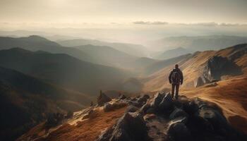 1 pessoa em pé em montanha pico realização gerado de ai foto