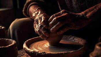 artesão girando argila em cerâmica roda, criando vaso gerado de ai foto