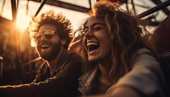 jovem casal abraçando, sorridente, desfrutando estrada viagem gerado de ai foto