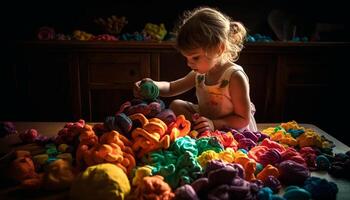 sorridente bebê menina jogando com colorida bola gerado de ai foto