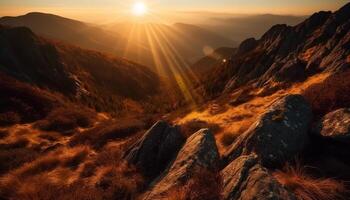 majestoso montanha faixa, tranquilo Prado, panorâmico Visão gerado de ai foto