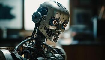 futurista cyborg engenheiro controles robótico maquinaria dentro de casa gerado de ai foto