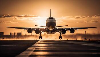 passageiro avião levando fora às crepúsculo céu gerado de ai foto