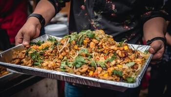 gourmet frutos do mar refeição cozinhou ao ar livre de uma chefe de cozinha gerado de ai foto