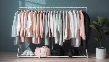 elegante roupas coleção suspensão dentro moderno armário de roupa gerado de ai foto