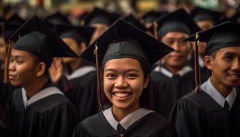 multi étnico grupo sorridente dentro graduação cerimônia ao ar livre gerado de ai foto