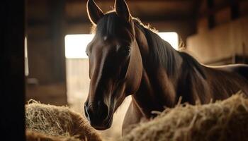 baía cavalo pastar dentro rural Prado beleza gerado de ai foto