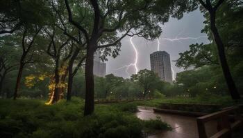 eletricidade ilumina assustador floresta, Perigo dentro trovoada gerado de ai foto