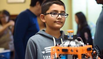 sorridente escola crianças estudando Ciência dentro de casa alegremente gerado de ai foto