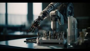 futurista robótico braço controles automatizado aço Produção gerado de ai foto