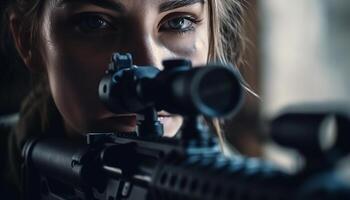 1 mulher visando rifle com determinação ao ar livre gerado de ai foto