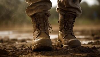 sujo militares chuteiras marchar através turvar floresta gerado de ai foto