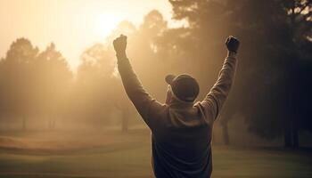 bem sucedido atleta comemora liberdade dentro natureza luz solar gerado de ai foto