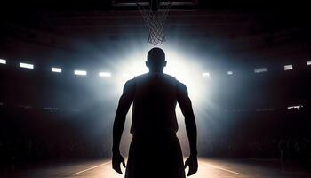 silhueta do atleta jogando basquetebol debaixo Holofote gerado de ai foto