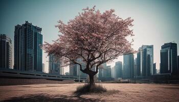 arranha-céu e árvore, arquitetura encontra natureza ao ar livre gerado de ai foto