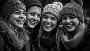 jovem mulheres abraço dentro caloroso inverno chapéus gerado de ai foto